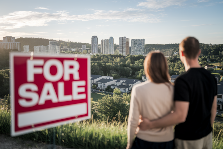 couple-dos-panneau-a-vendre-urbain-verdoyant