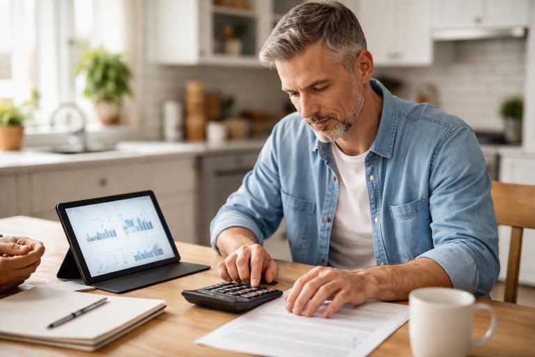 homme-tablette-calculatrice-cuisine-moderne