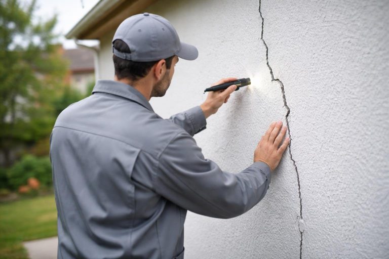 professionnel-inspecte-fissure-mur-jardin