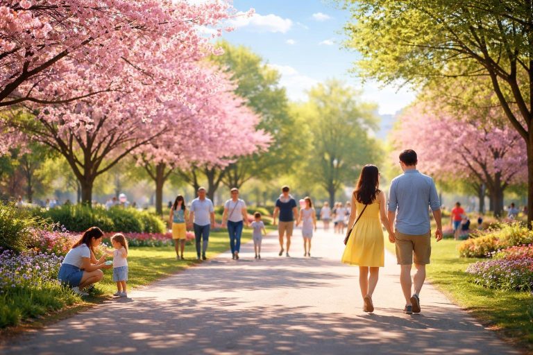 parc-urbain-familles-arbres-fleurs-ciel-bleu