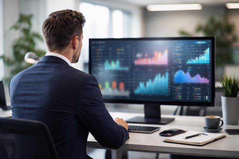 professionnel-bureau-ordinateur-graphes-plantes