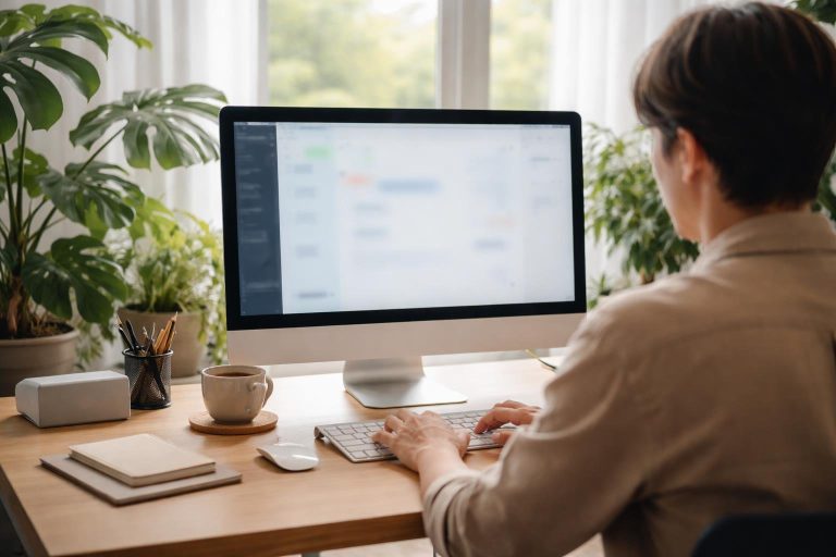 bureau-moderne-ordinateur-personne-plantes